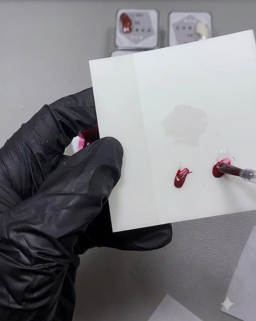 A fine nail art brush mixing a dollop of red gel with clear base gel on a white mixing surface.