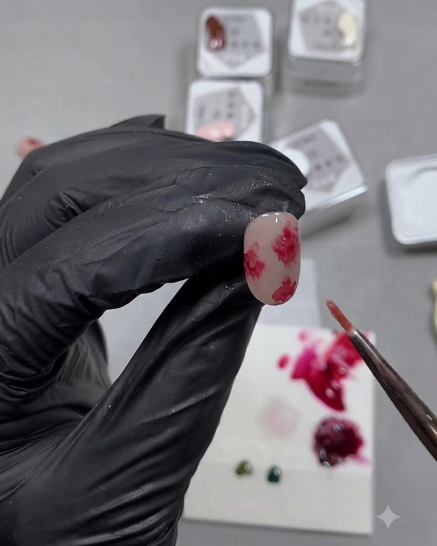 A fine brush dabbing clear base gel around the edges of painted red flower shapes to create a soft watercolor bloom.