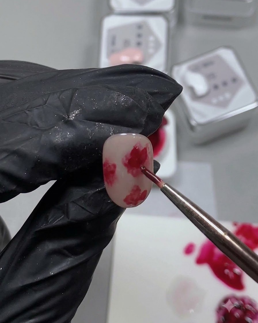 A fine detailing brush adding a darker red center detail inside the pre-blended rose petal layer.