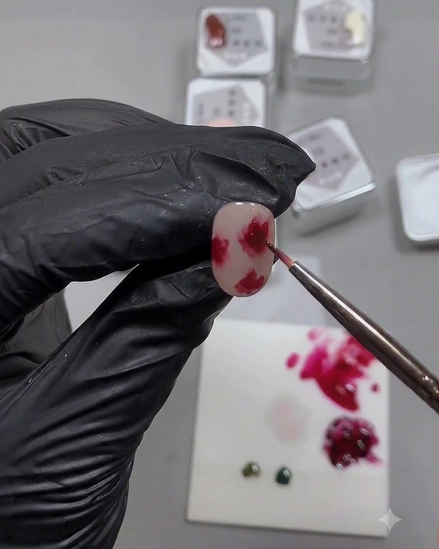 A fine brush applying dark red gel to the center of a rose design on a nail.