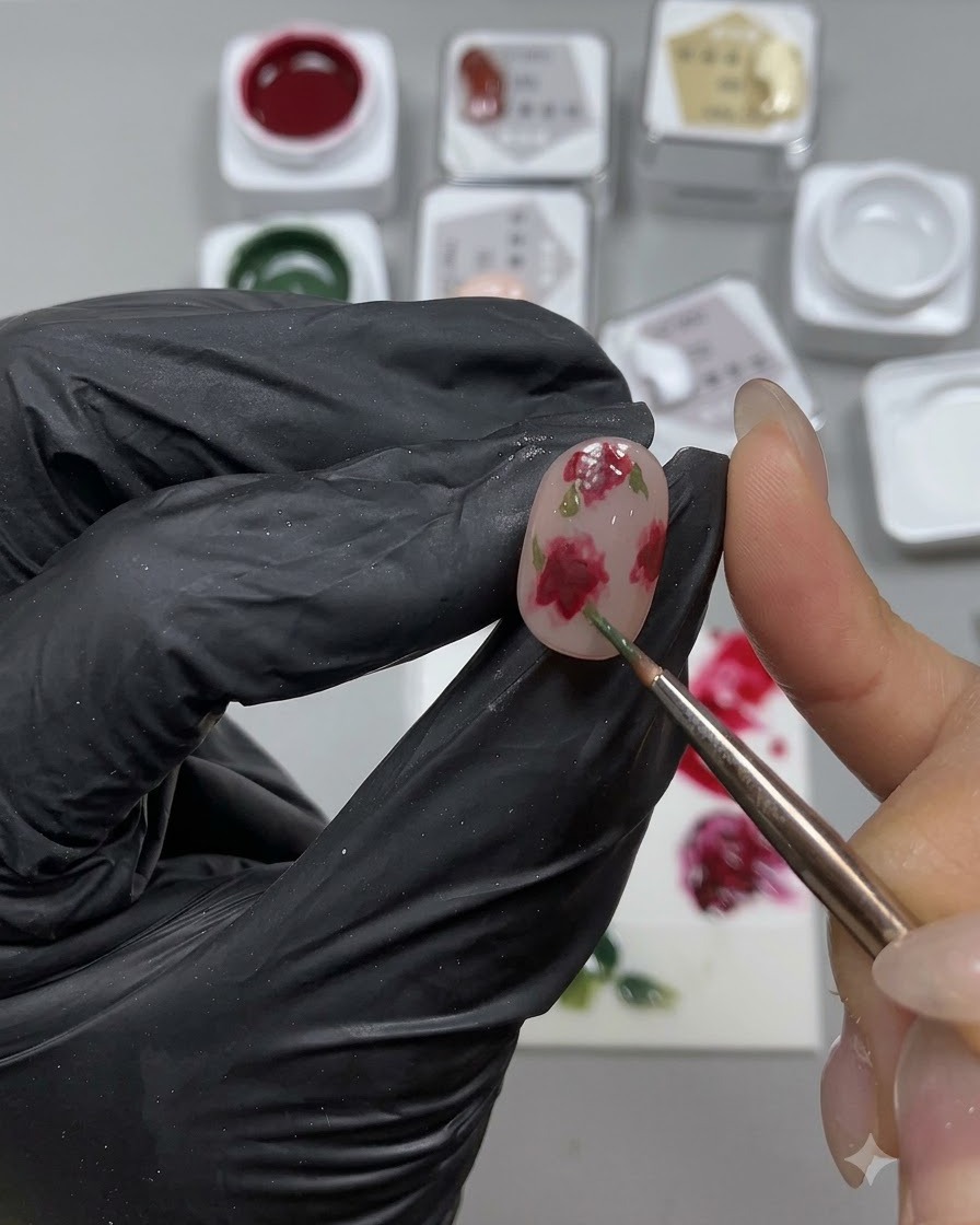 A fine brush painting green leaves around the painted roses on a nail.