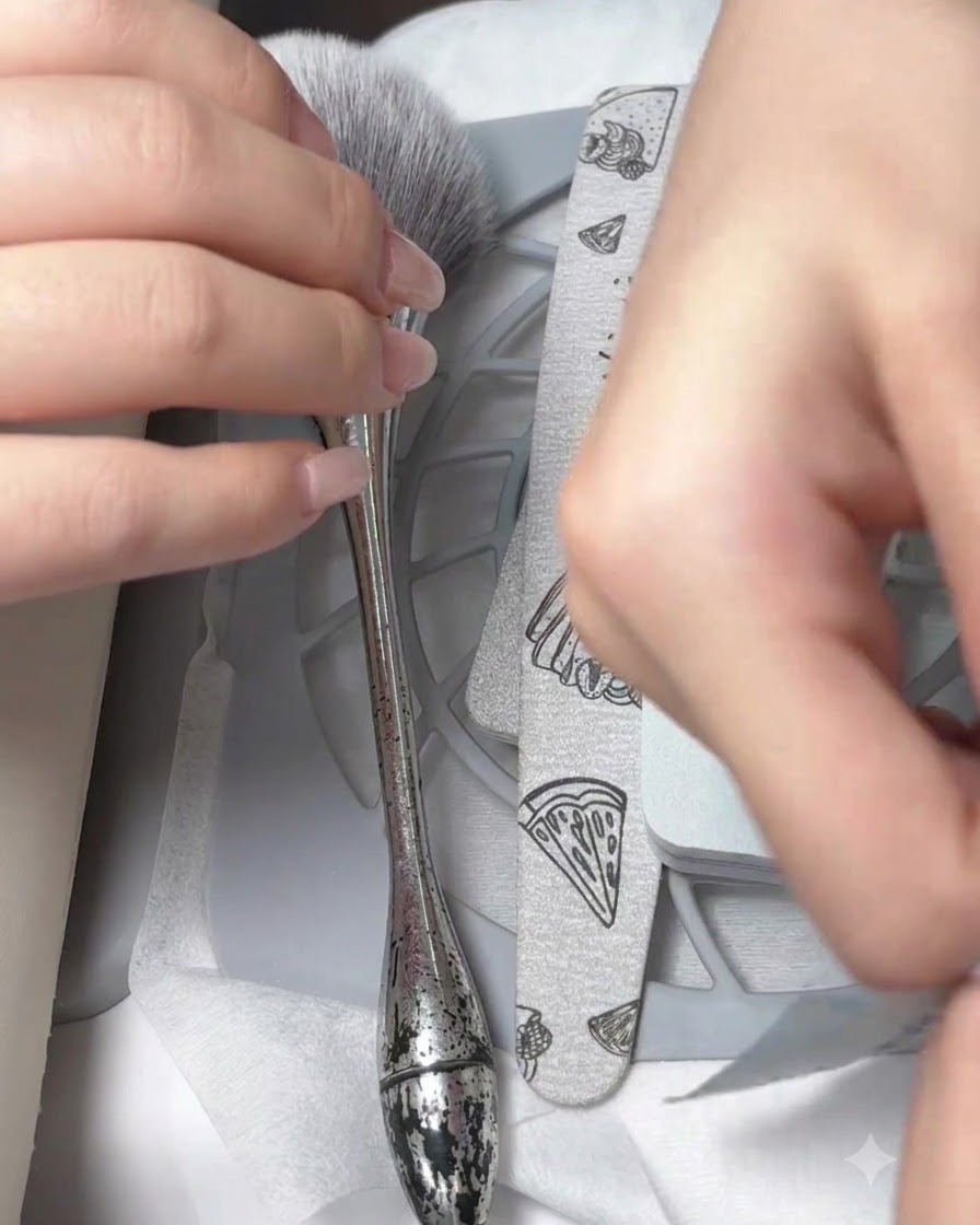 Hands opening a sealed sterile paper pouch containing professional metal nail tools.