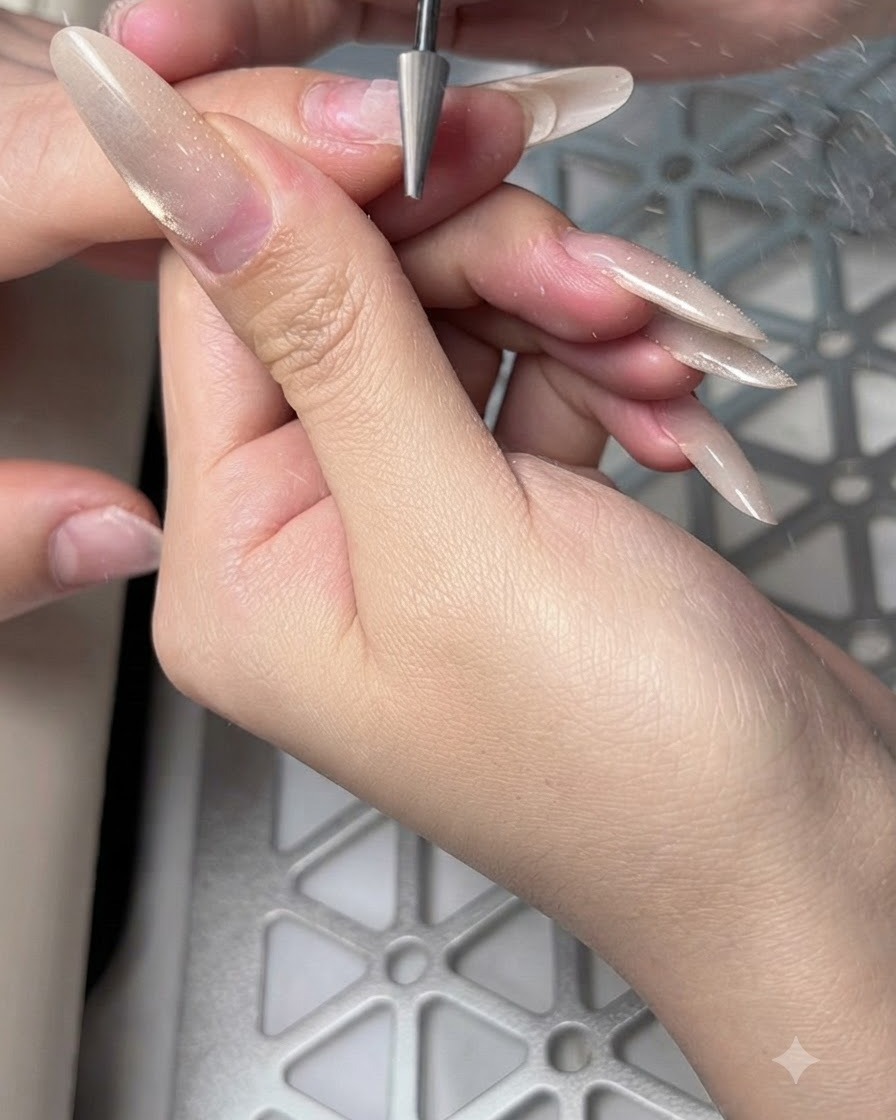 An electric file with a carbide bit removing old gel enhancement product from a long fingernail.