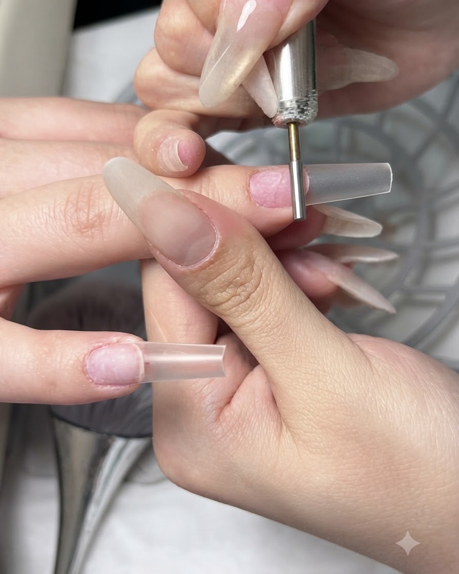 An e-file with a fine needle bit smoothing the ridge of an artificial nail tip.
