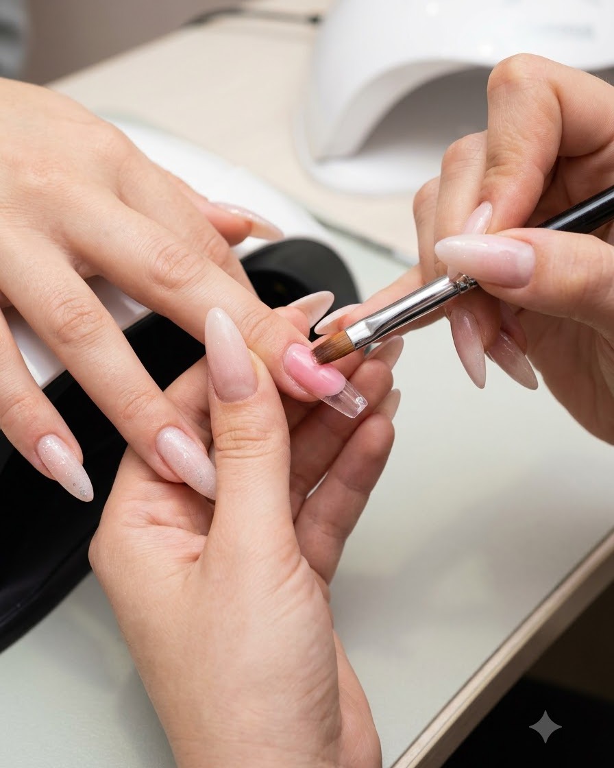 A nail brush applying a clear structure gel layer over an extended nail.
