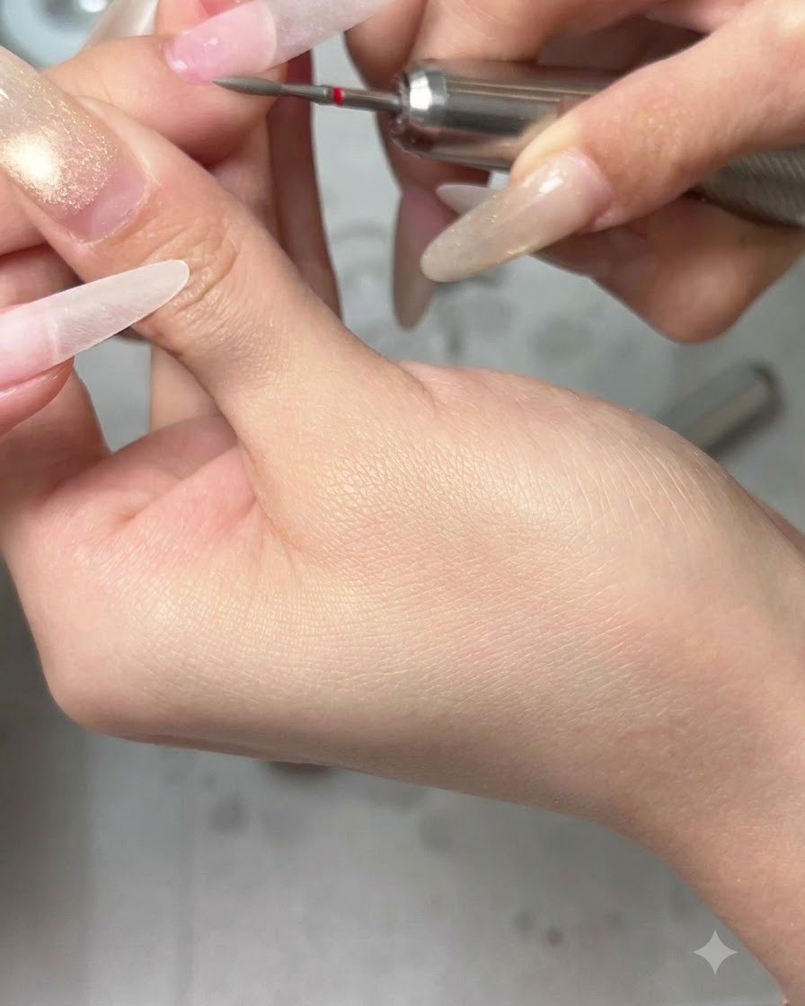 A close-up view of a manicurist using an electric nail file to smooth and refine the surface of a long natural-looking nail.