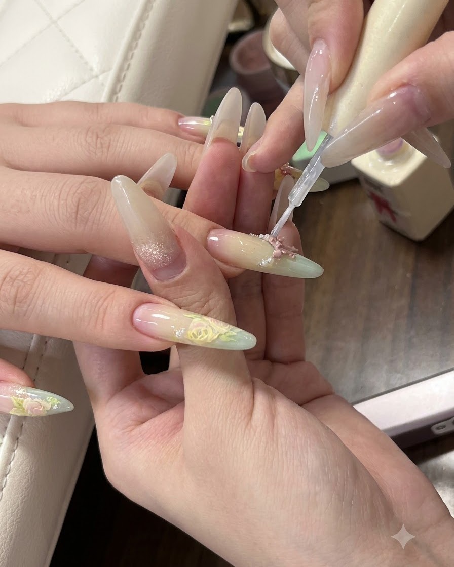 A manicurist dabbing yellow gel onto the nail surface using a sponge to enhance the summer ombre blend.