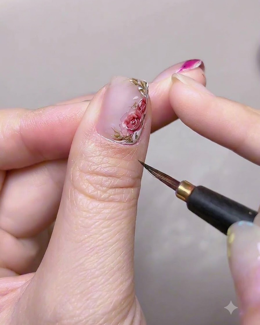 A flat gel brush applying a smooth layer of clear base gel onto a thumbnail.