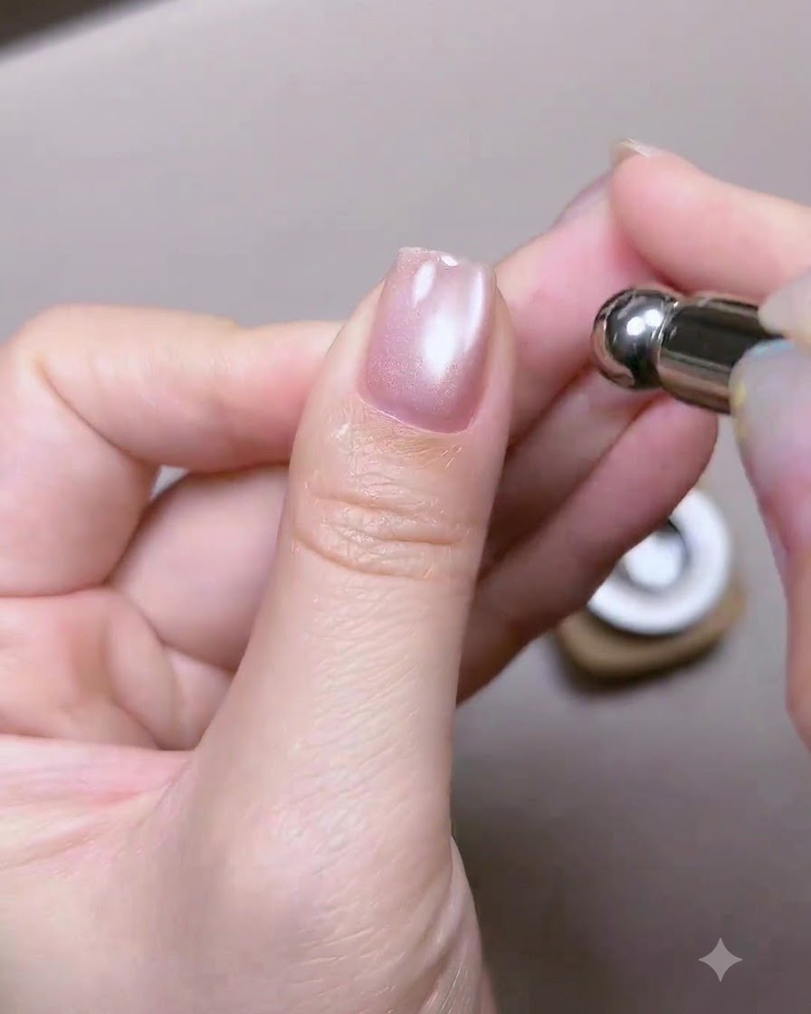 A magnetic tool held near a glossy thumbnail to magnetize and concentrate the cat-eye shimmer particles.