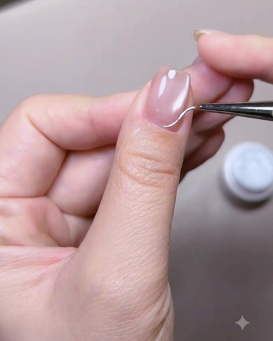 A fine liner brush drawing a delicate white curved line along the edge of the nail for a side-French look.