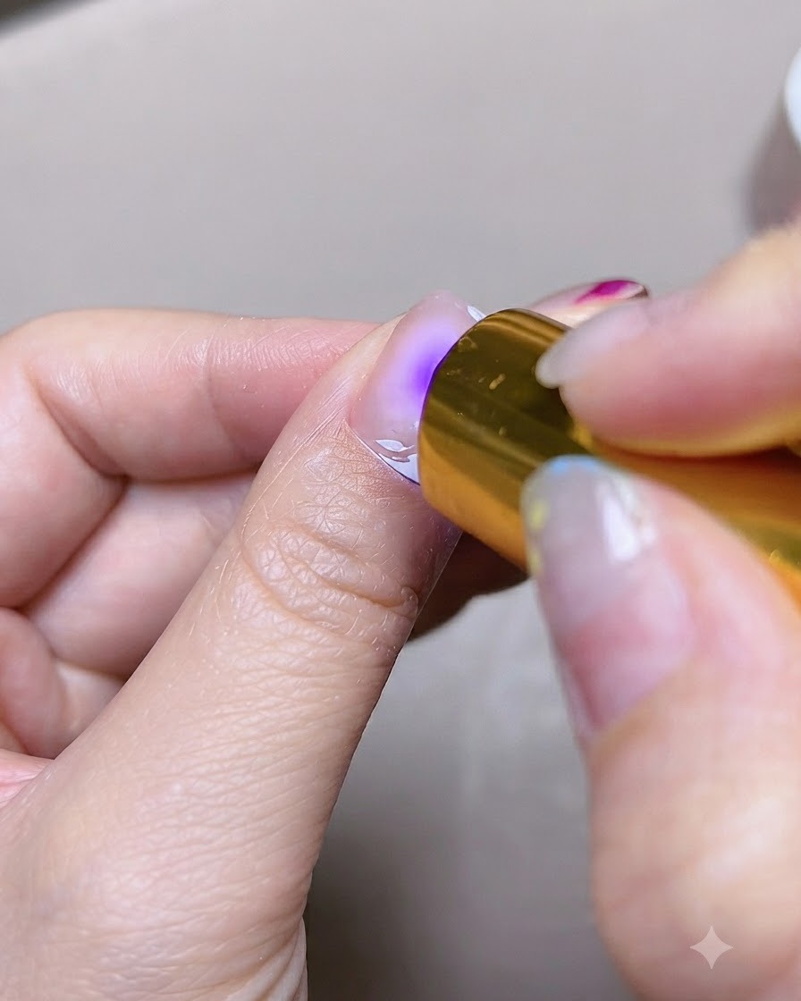 A portable mini UV or LED lamp curing the gel on a fingernail.