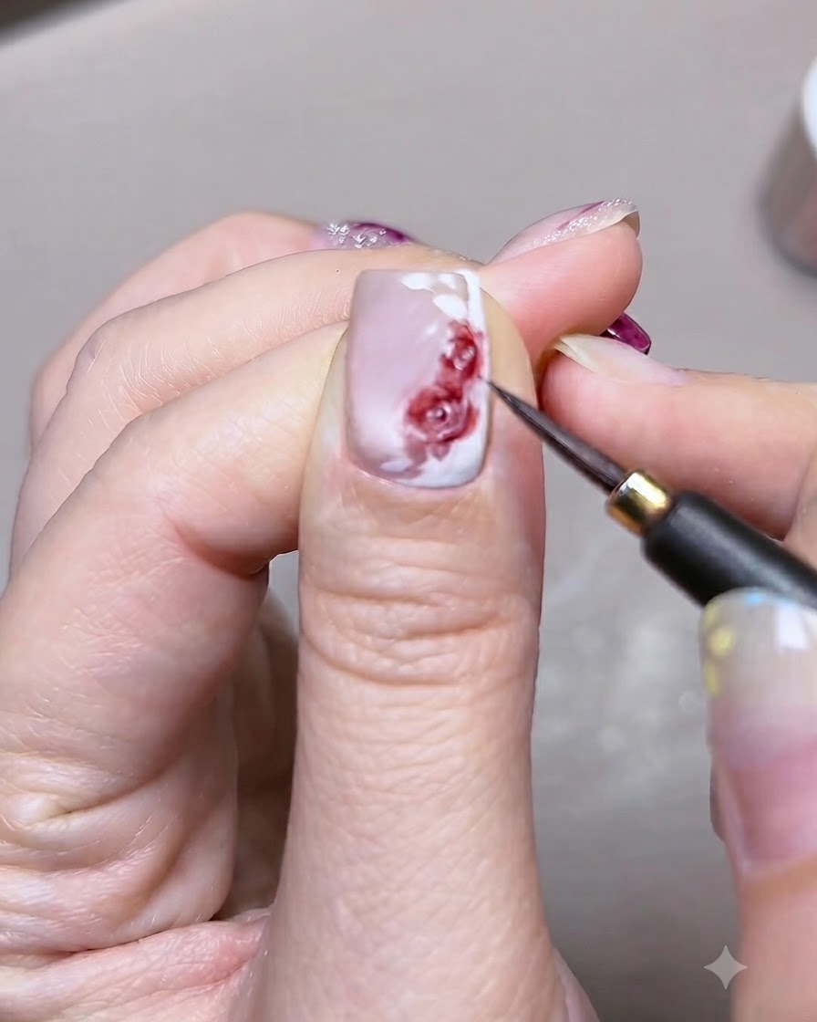 A close-up shot of a fine brush adding finishing touches and depth to detailed watercolor roses and leaves on a nail.