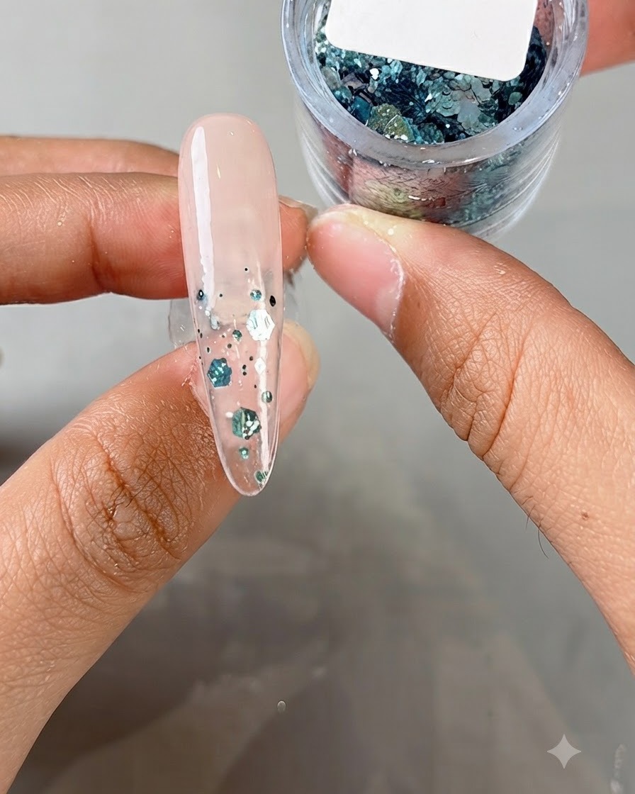 A long clear nail adorned with blue and silver sequins, held above an open round container filled with matching glitter flakes.