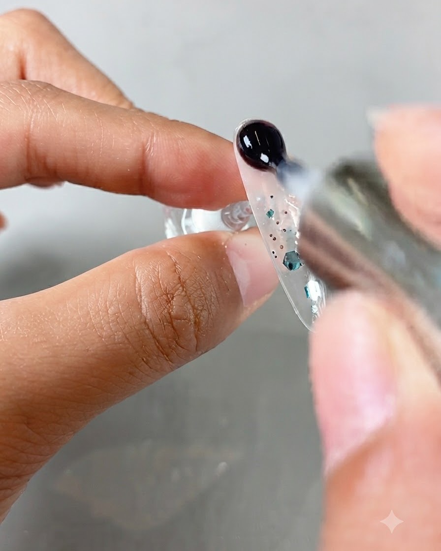 A drop of clear gel being brushed onto the top of a sequin-decorated nail.