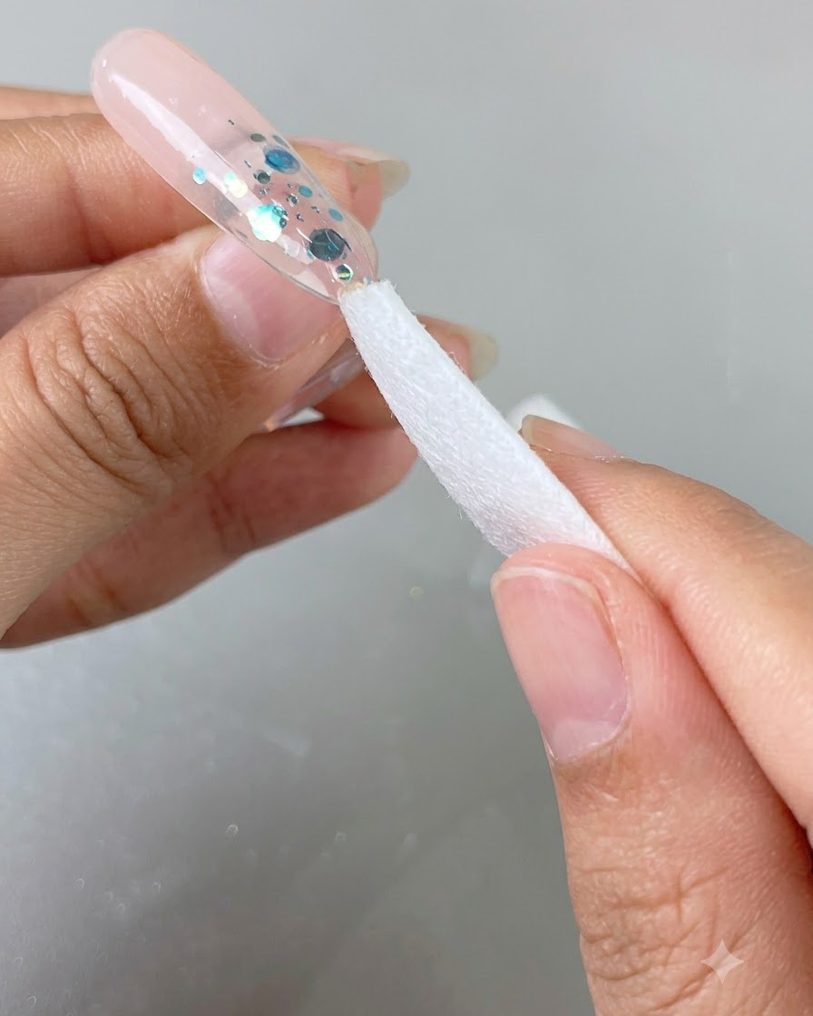 A white cleansing wipe being used to wipe the sticky residue off a glossy nail.