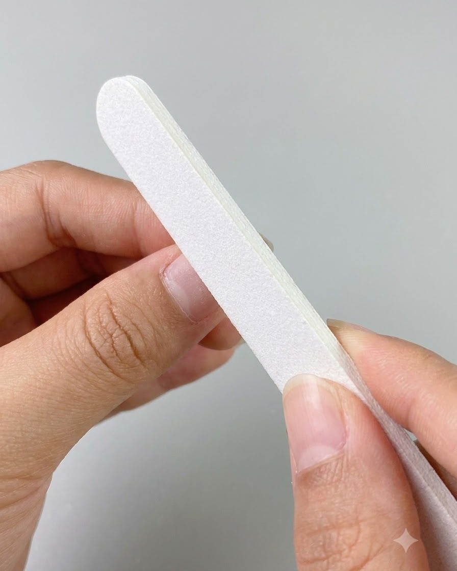 A white nail file being held between hands to demonstrate smoothing and shaping.