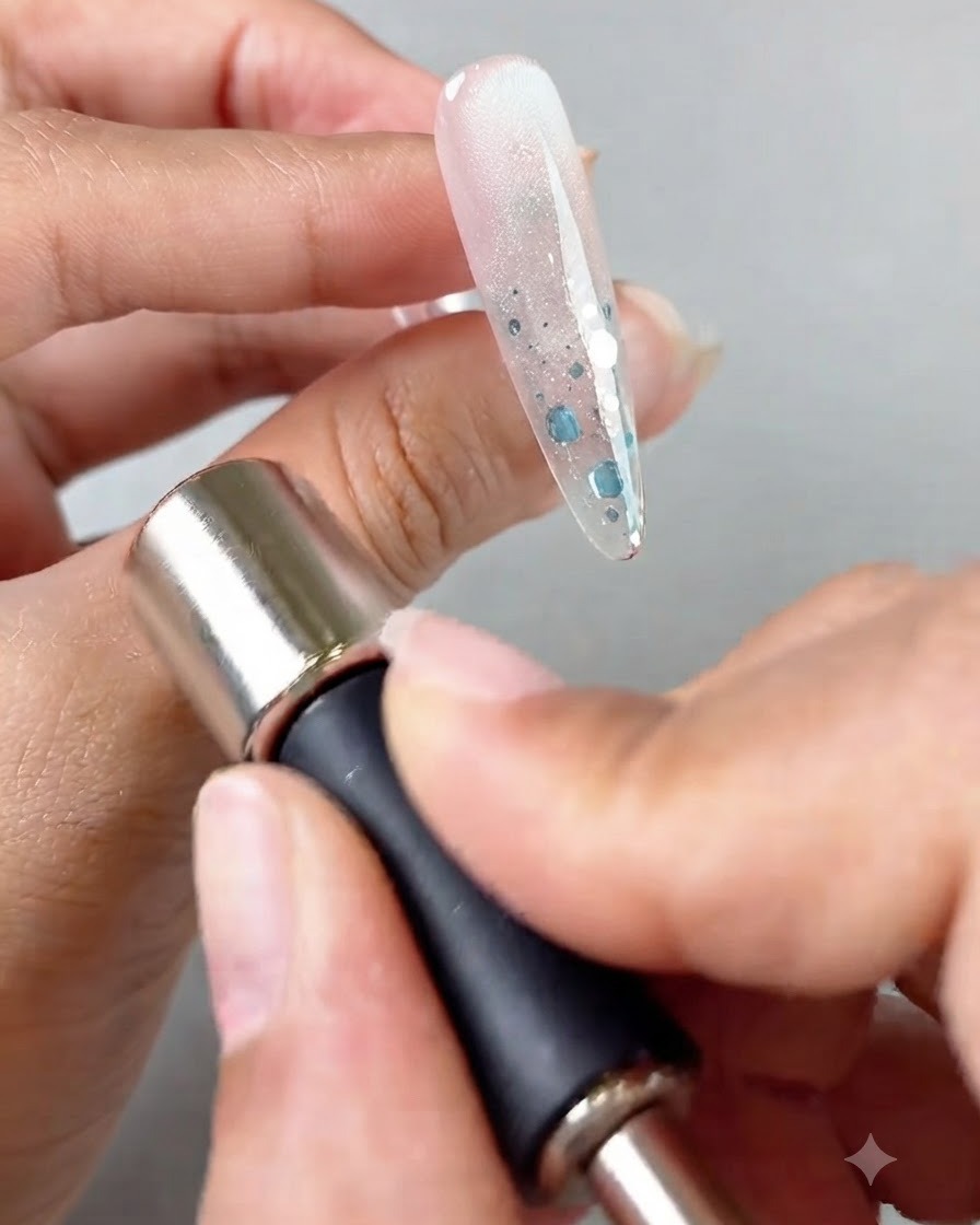A cylindrical magnetic wand being used near the side of a cat-eye gel nail.