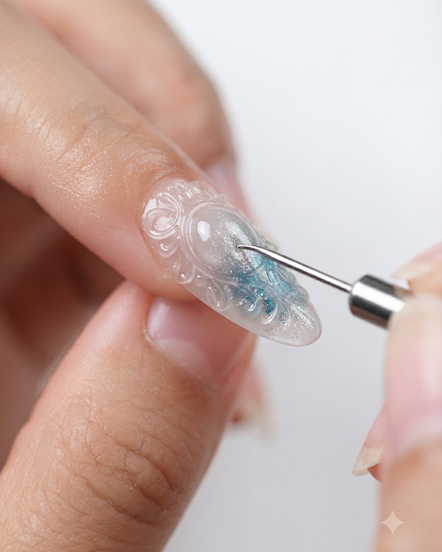 A silicone shaping tool carving detailed facets into transparent flower petals on a finished nail.