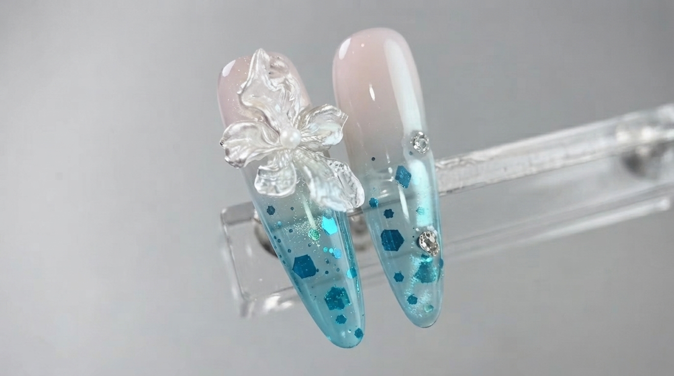 Gradient Blue Crystal Flower Nail Art — Step-by-Step Tutorial