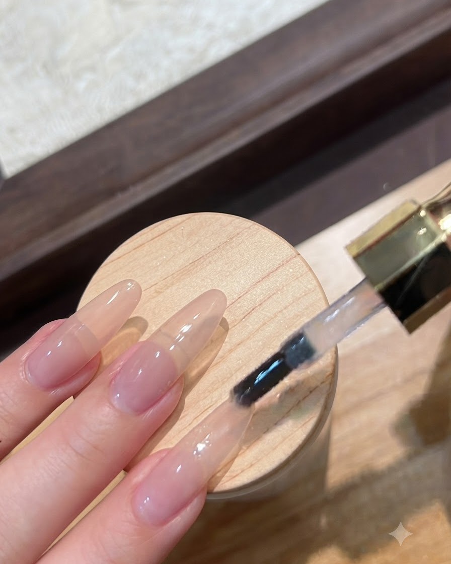 A nail brush applying a clear non-wipe top coat onto selected fingers.