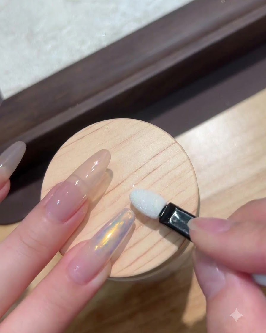 An applicator sponge rubbing moonlight powder onto a nail to create an aurora finish.