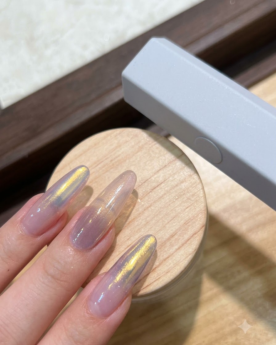 A pair of metal tweezers picking up a small white pointed rhinestone from a palette.