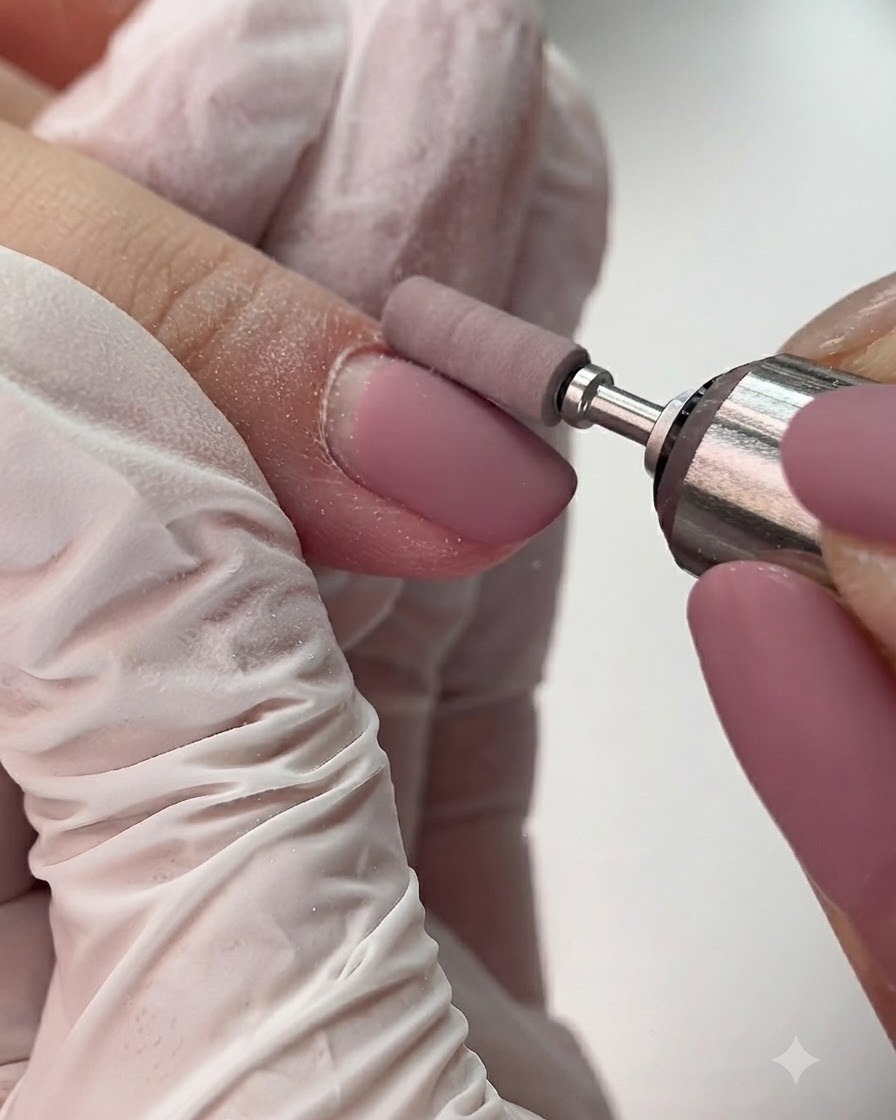 A sanding band attachment on an e-file gently buffing the matte surface of a pink nail.