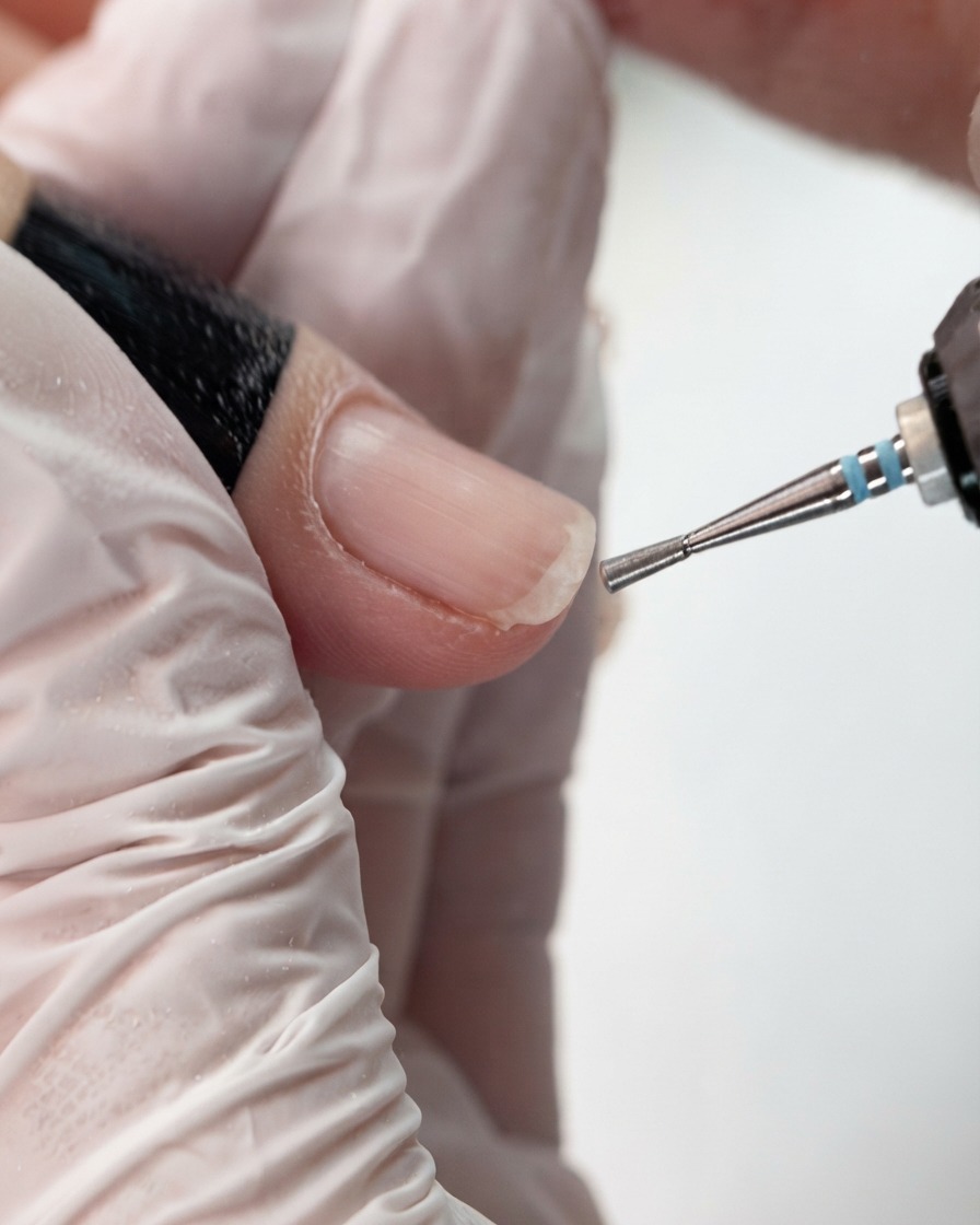 Cuticle nippers approaching the clean cuticle edge of a natural fingernail.