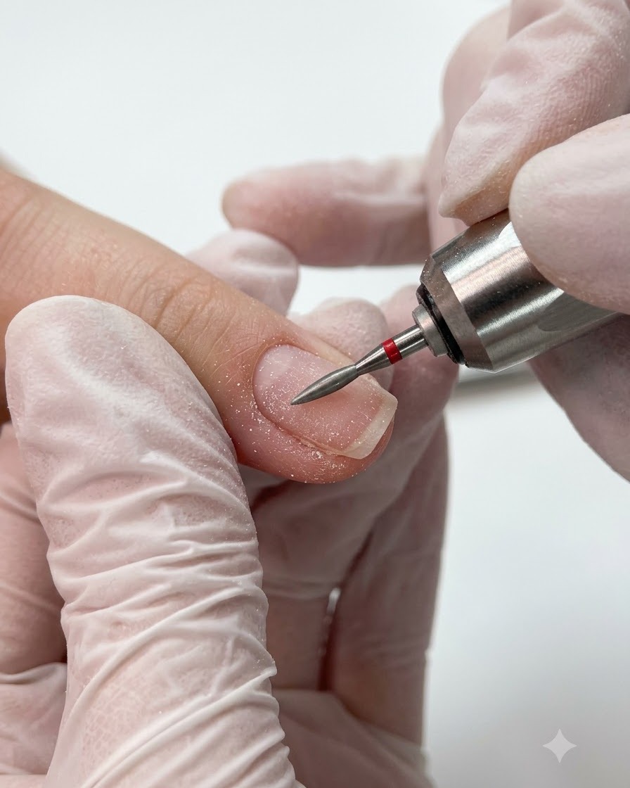 A red-banded flame-shaped e-file bit performing a precision cleanup along the cuticle fold.
