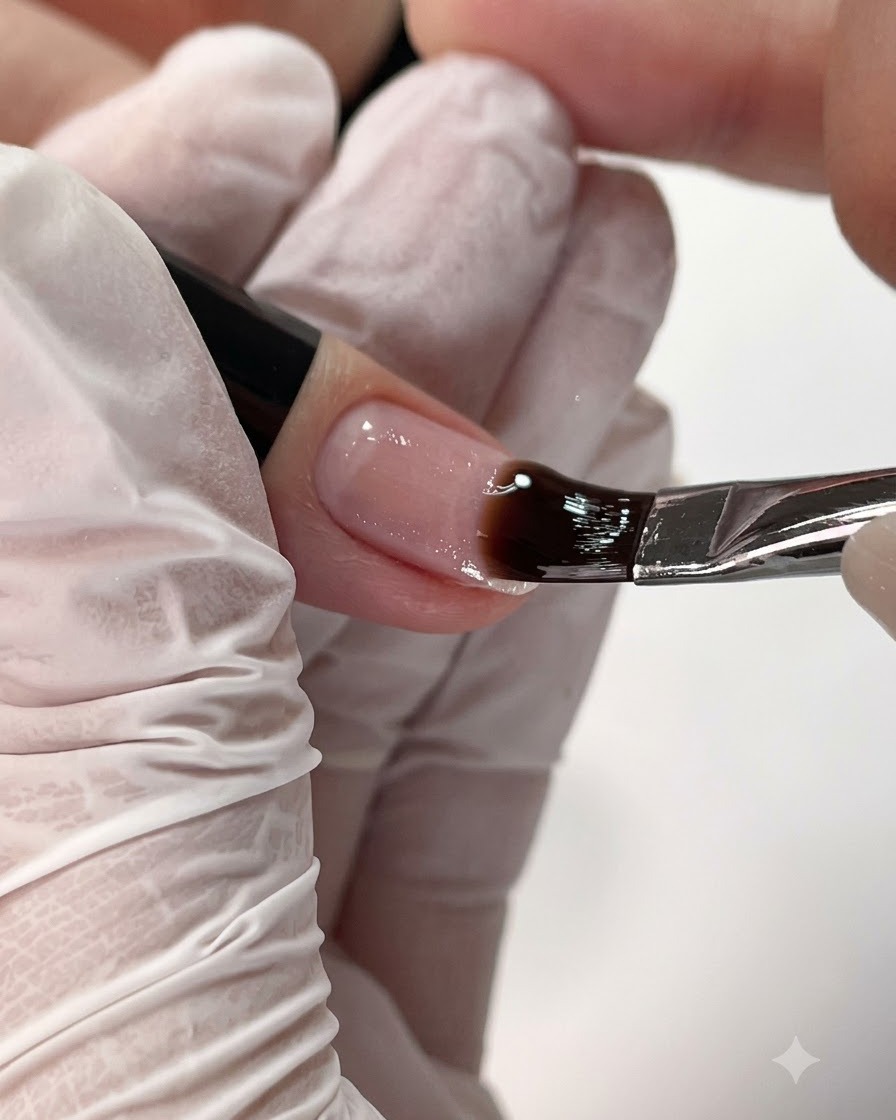 A nail brush applying a thin layer of clear base gel onto a natural fingernail.