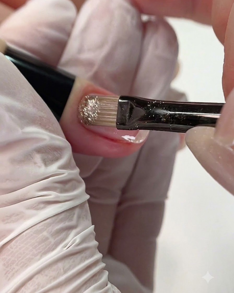 A small flat brush applying sparkling crushed diamond gel onto the posterior edge of a nail.
