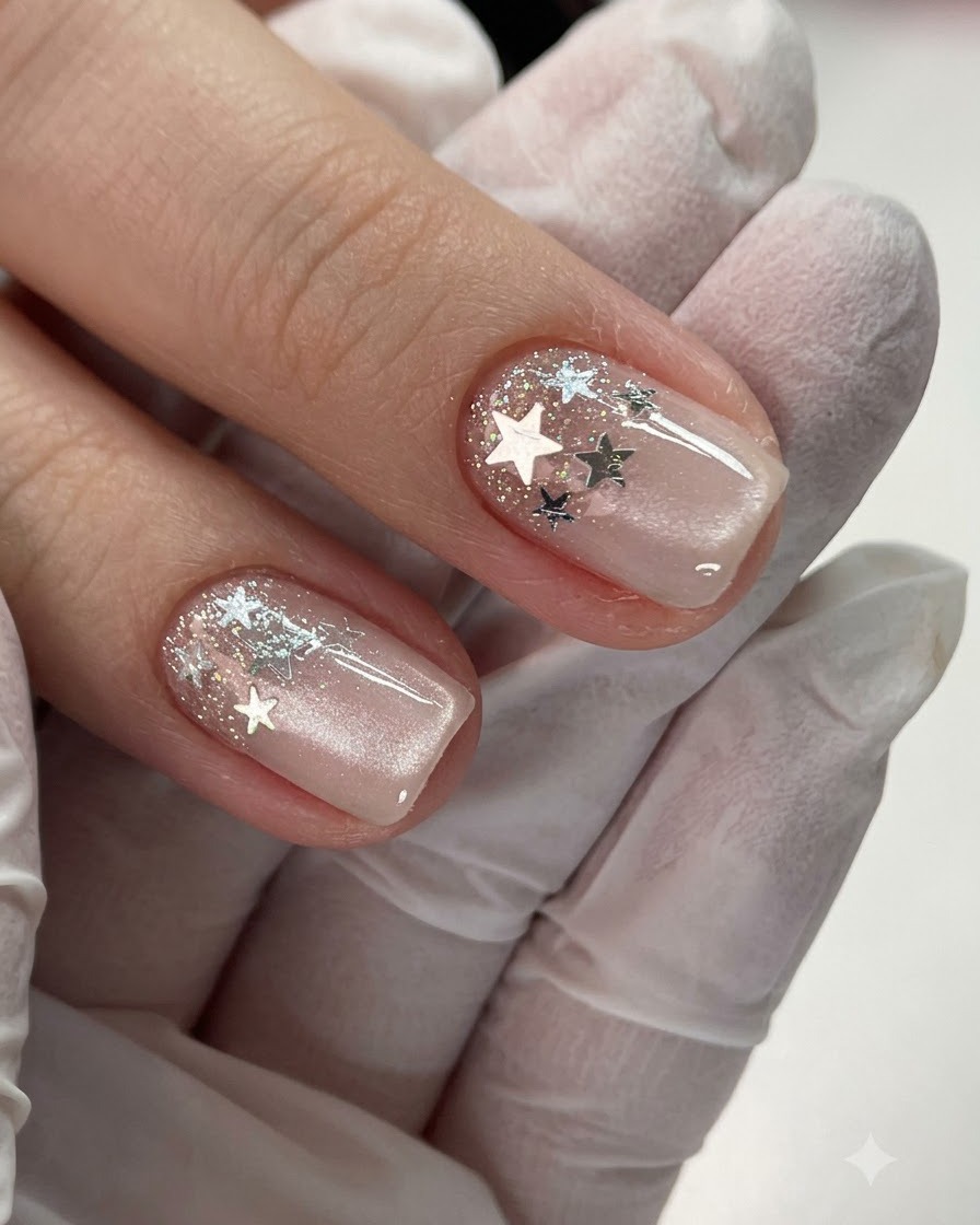 A brush applying a clear layer of builder gel onto a prepped nail plate.