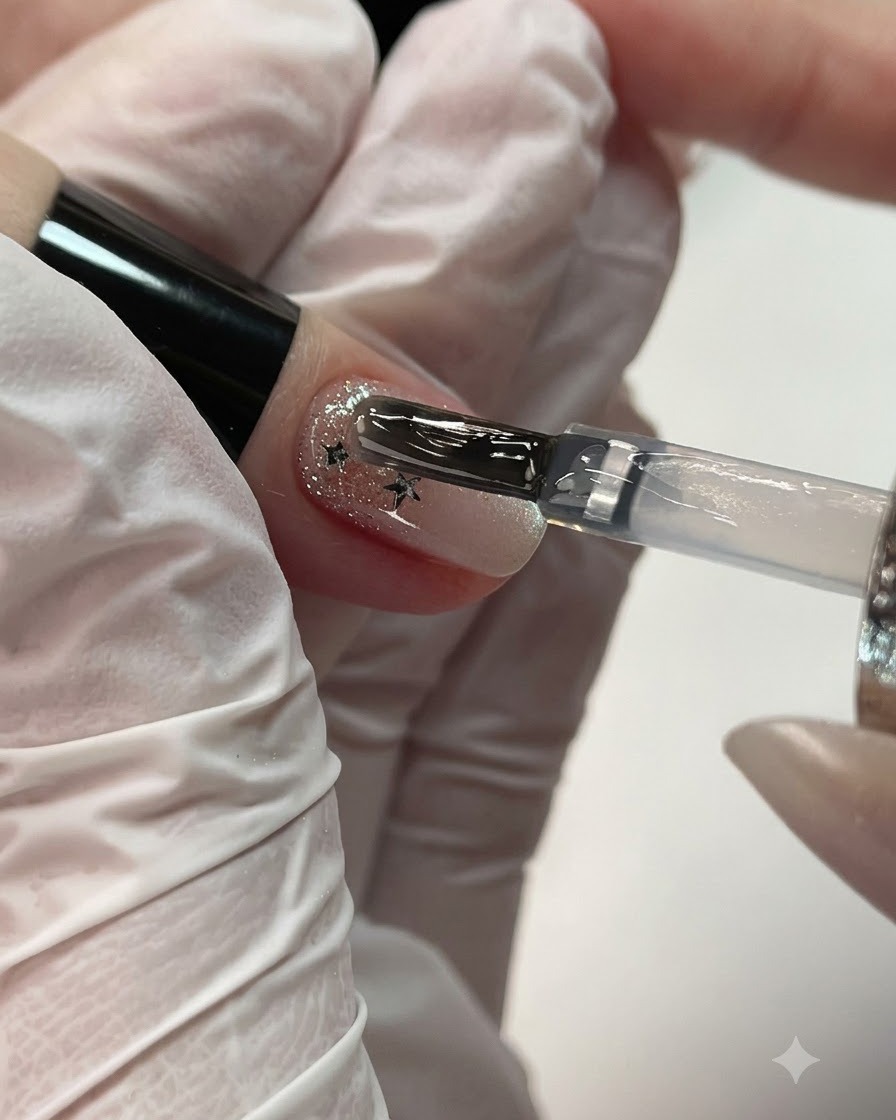 A brush placing a bead of clear builder gel near the cuticle area of a fingernail.
