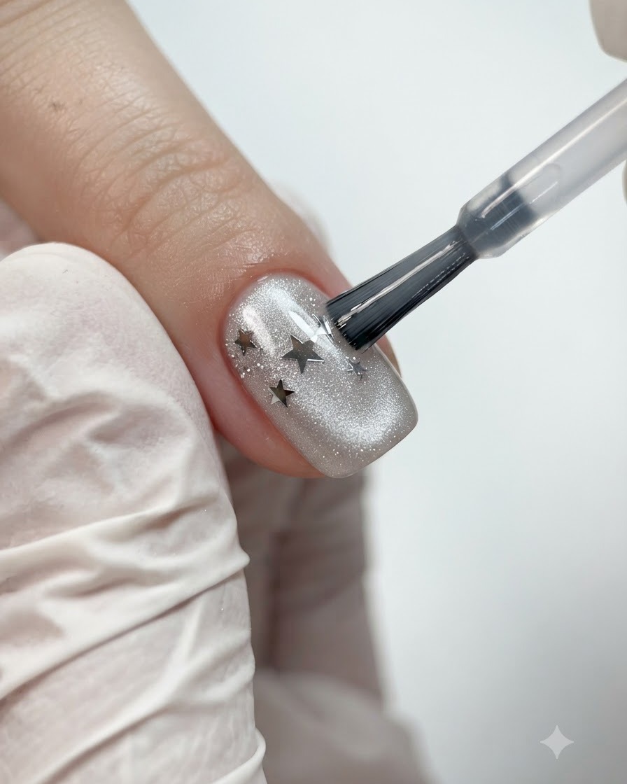A fine liner brush smoothing and refining clear builder gel on a manicured nail.