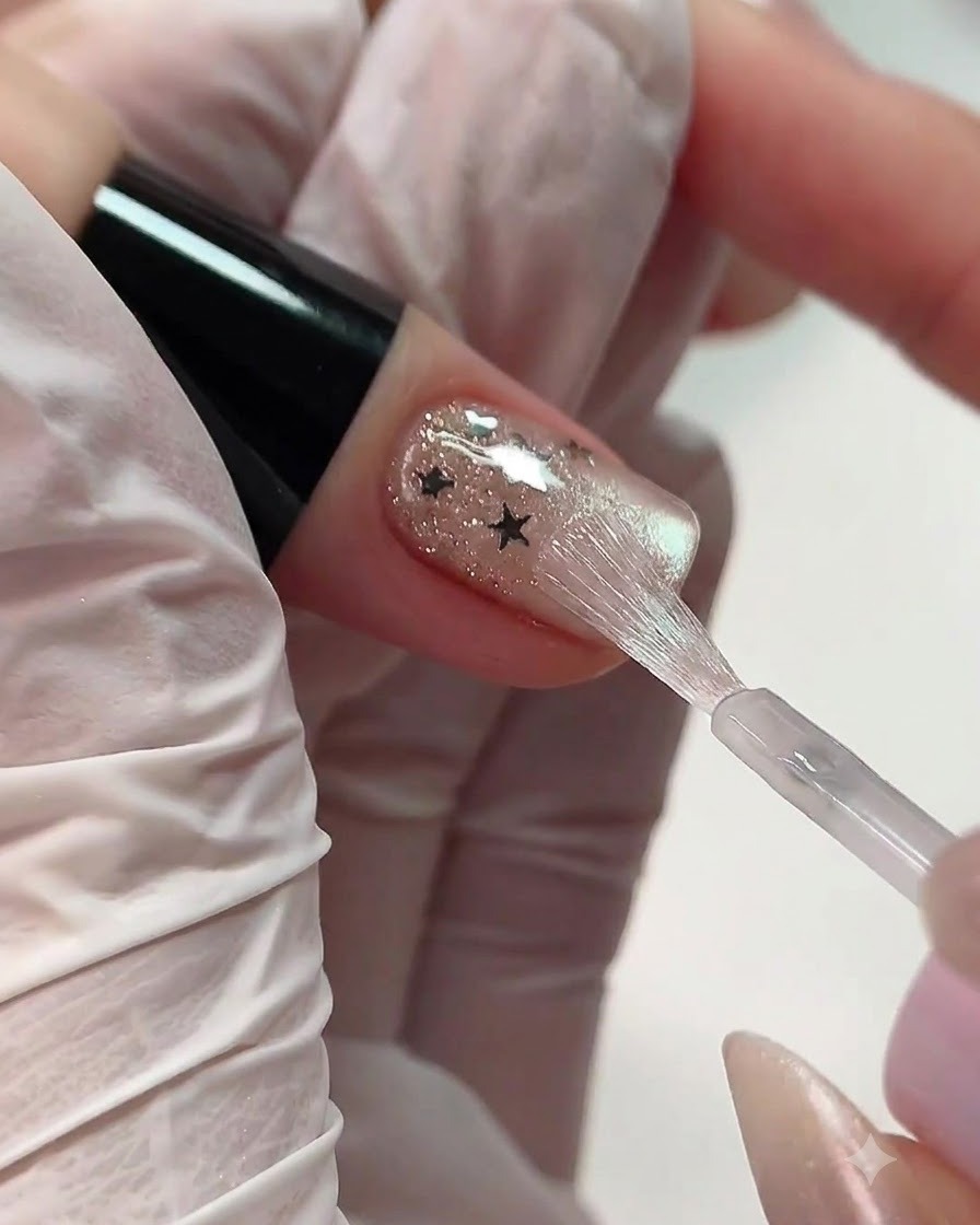 A small sponge applicator gently patting and smoothing gel near the cuticle zone of a fingernail.