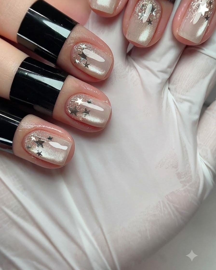 A manicure brush applying shimmering silver cat-eye gel polish onto a nail.
