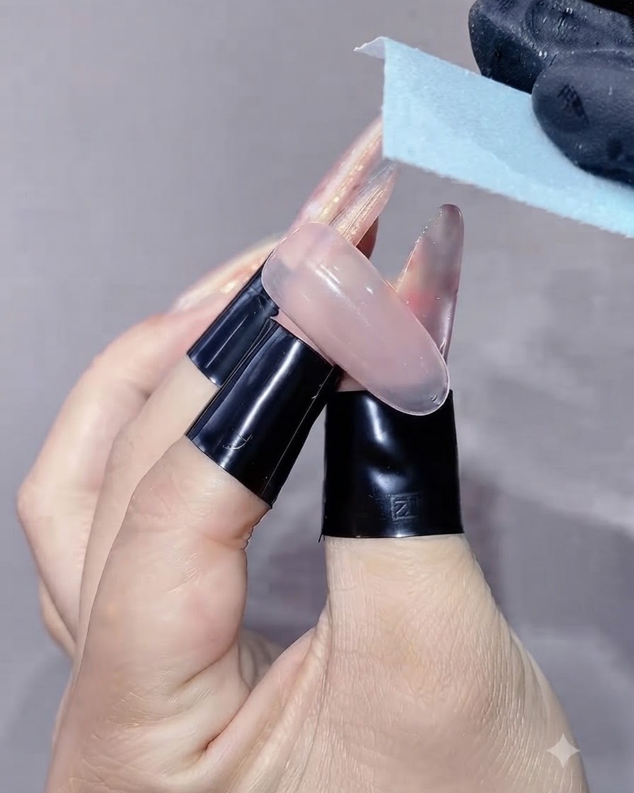 A gloved hand using an alcohol wipe to clean the sticky residue off a cured nail extension.