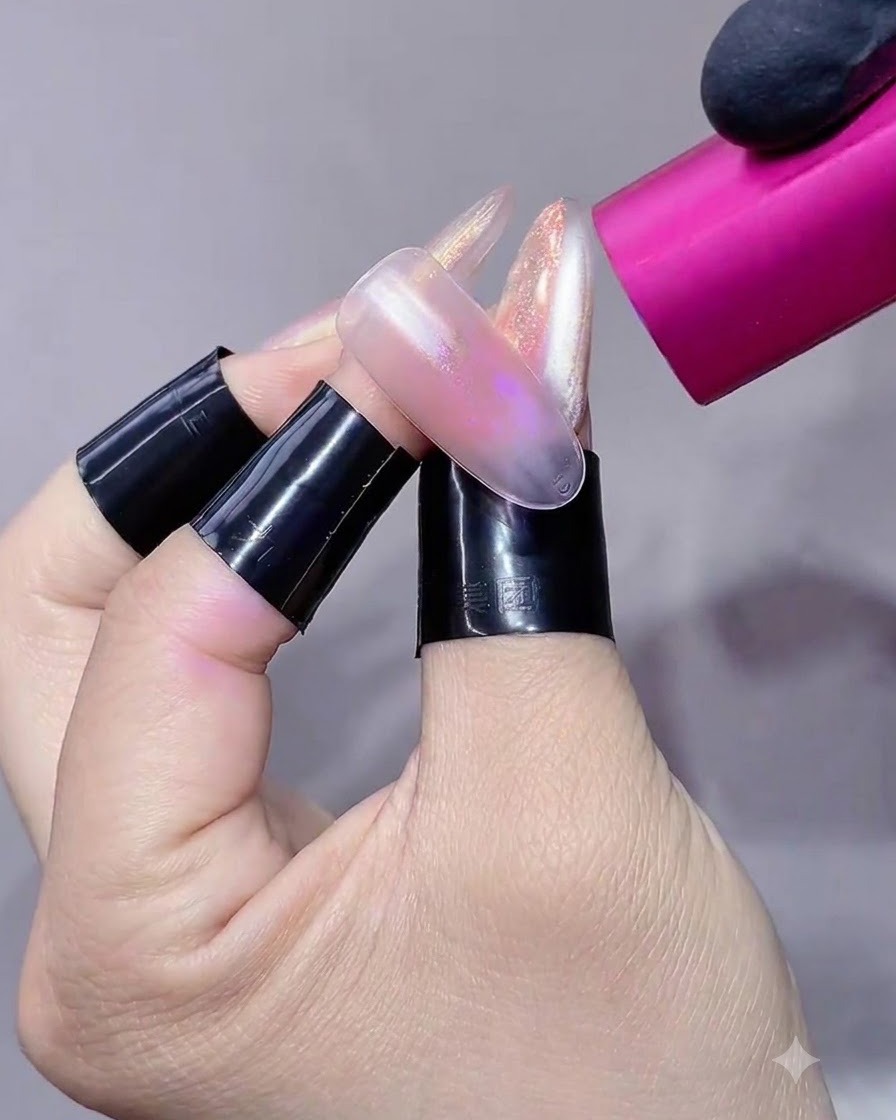 A pink handheld UV/LED lamp curing the orange-red blush pigment layer on the nail extension.