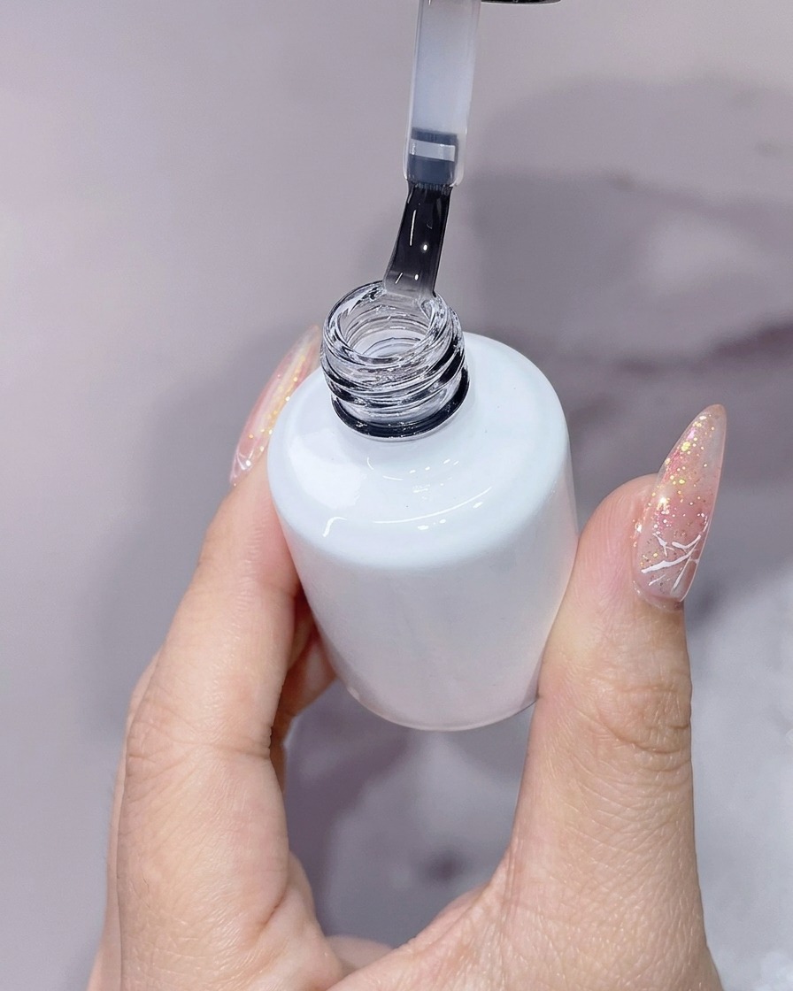 A hand holding an open white bottle of top coat with the brush applicator lifted, showing clear liquid polish against a light background.