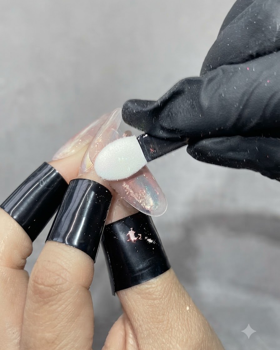 A gloved hand using a white sponge eyeshadow applicator to rub aurora powder onto a translucent nail extension.