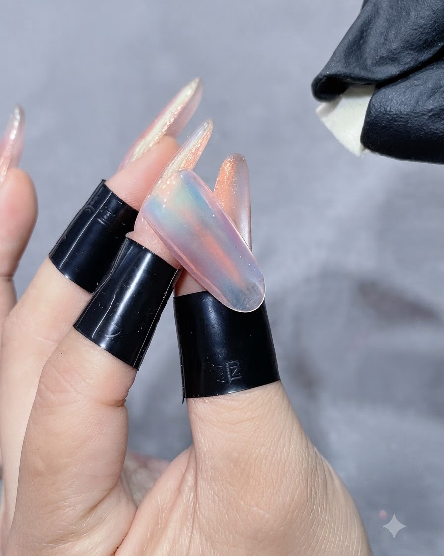 A clean sponge pad wiping away excess loose aurora powder from a shiny nail.