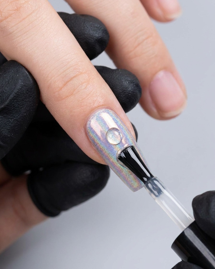 A brush applying a clear drop of strengthening gel onto the center of a holographic nail.
