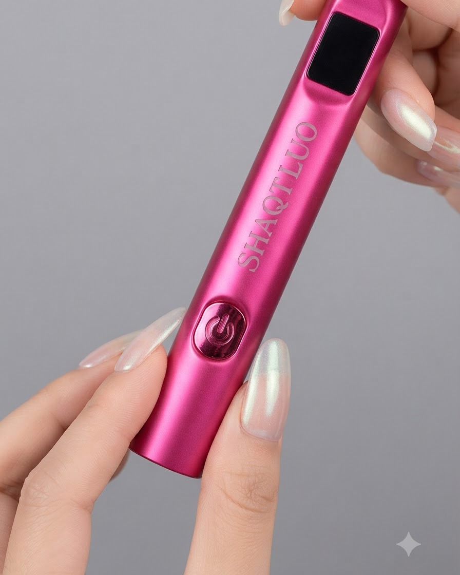 A person holding a pink bar-shaped converging light lamp near finished nails.