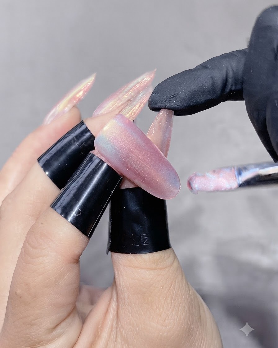 A nail brush applying a shimmering cat-eye gel onto an extended nail.