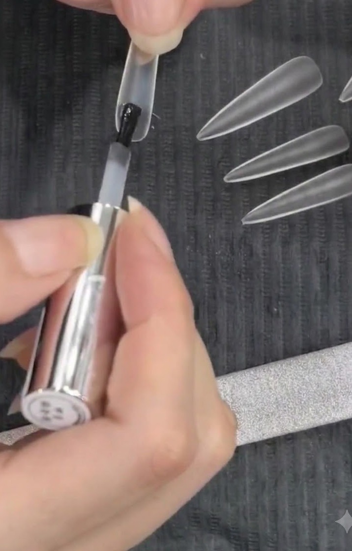 A brush applying clear nail glue onto the well of a clear almond half-cover nail tip.