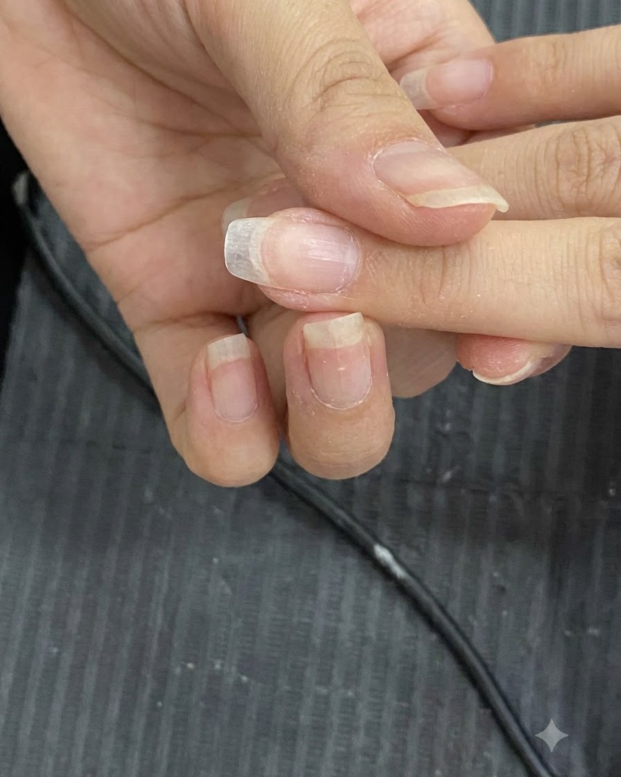 A manual hand nail file shaping the edges of clear nail extensions.