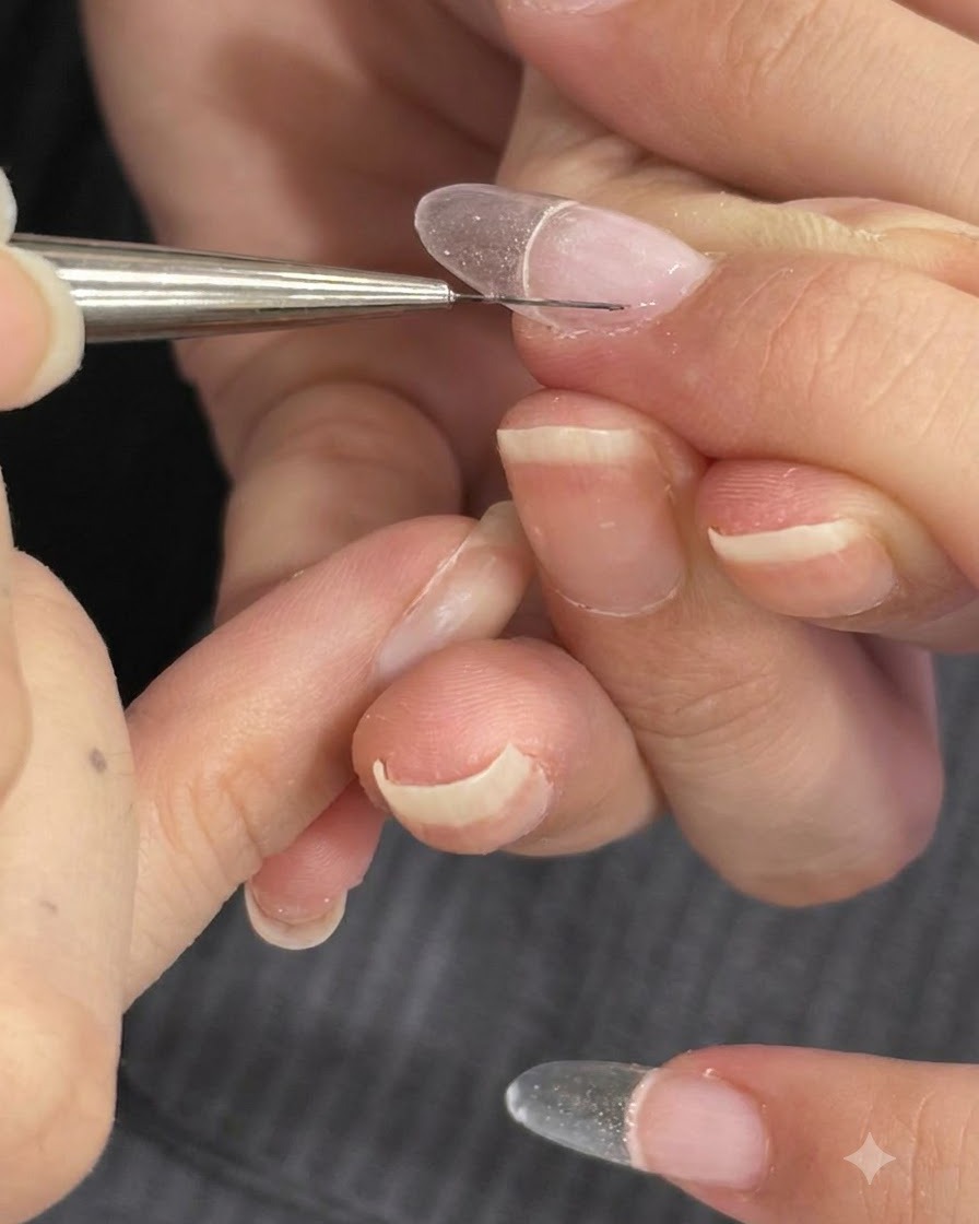 A fine liner brush smoothing structure gel near the cuticle area.
