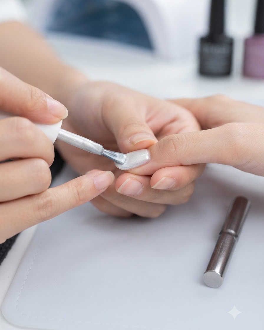 A nail brush applying a coat of shimmery milky white cat-eye gel onto a fingernail.