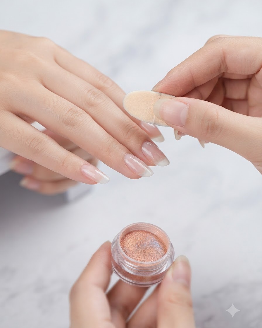 An applicator sponge picking up sunset aurora chrome powder from a small jar next to a hand.