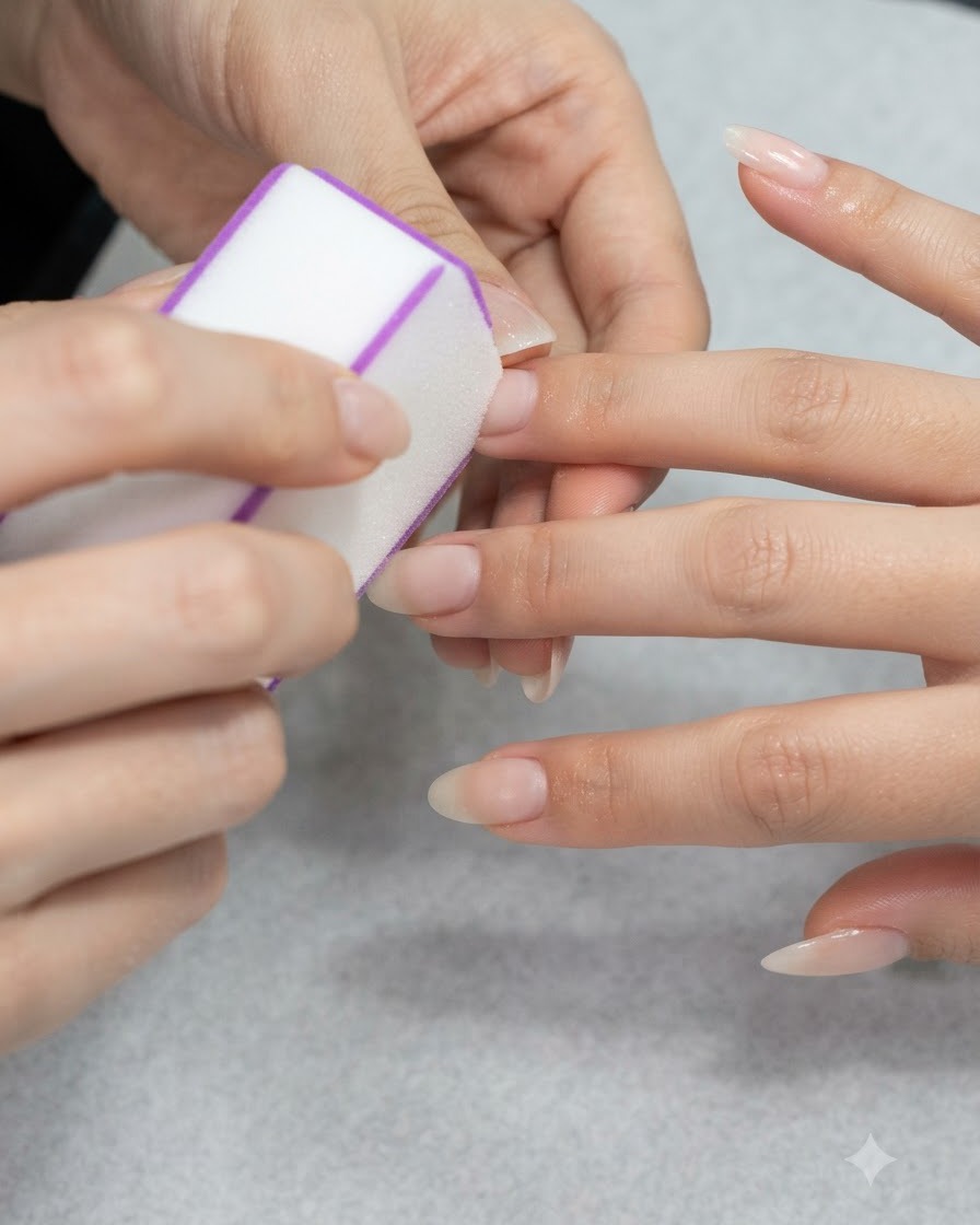 A soft makeup brush gently sweeping away excess powder from a manicured nail surface.